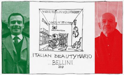 Our Mario Bellini flag showing the designer aged 21 and today, with his sketch of a cabinet of inspiring curiosities for his new exhibition at the Milan Triennale. Archive image: Mario Bellini Archives