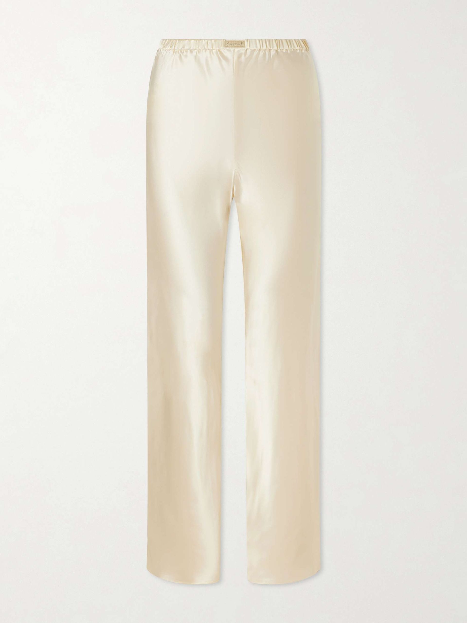 Appliquéd Silk-Charmeuse Straight-Leg Pants