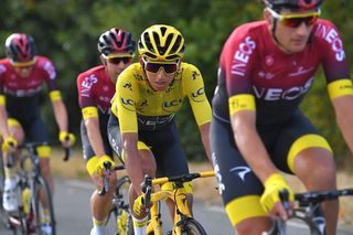 Egan Bernal (Team Ineos) on the celebratory stage 21 of the Tour de France