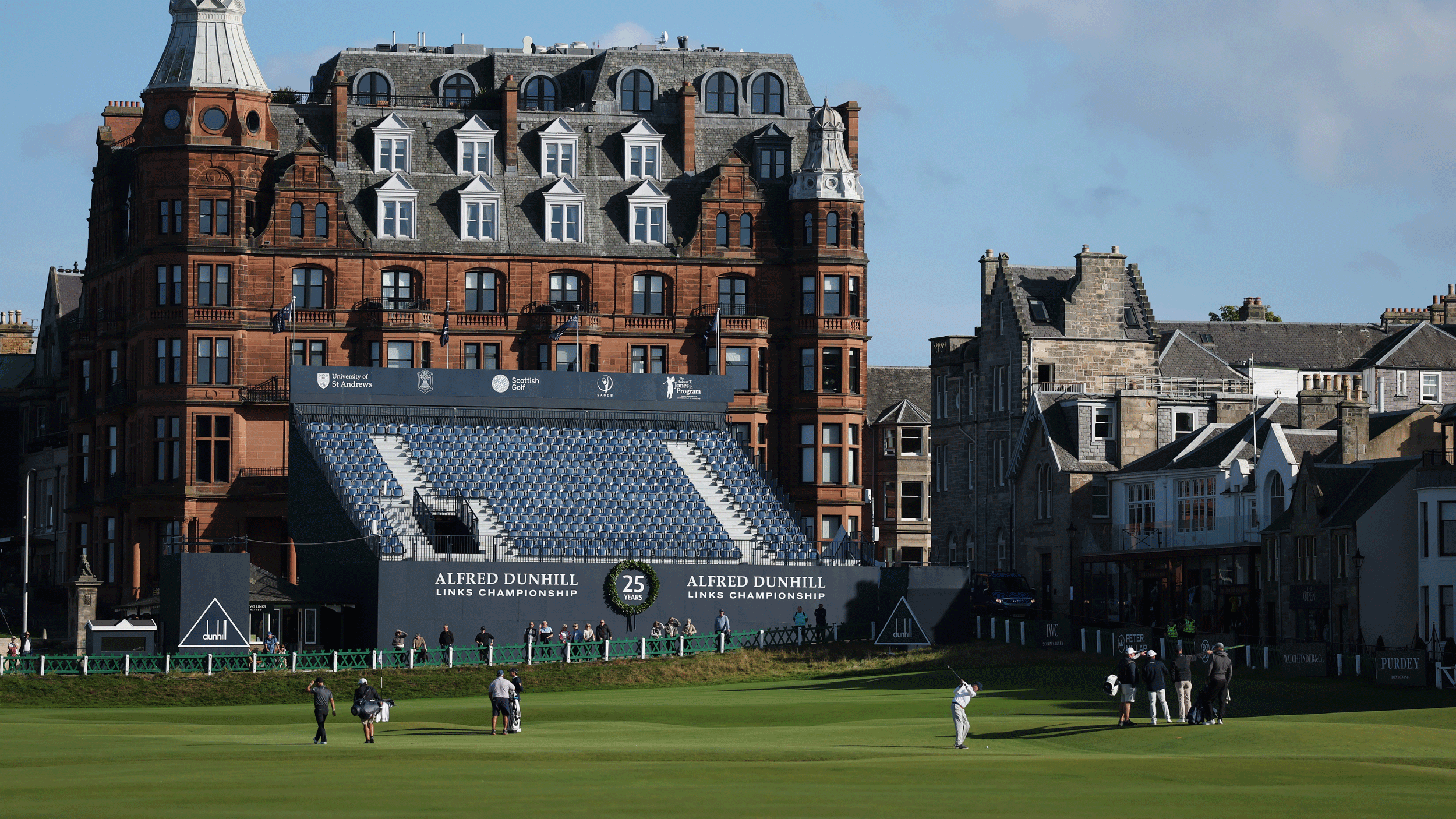 A general view of the 18th green on St Andrews' Old Course during a practice round ahead of the 2026 Alfred Dunhill Links Championship