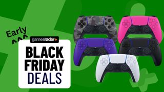 Early Black Friday deal image of multiple DualSense controllers on a green background