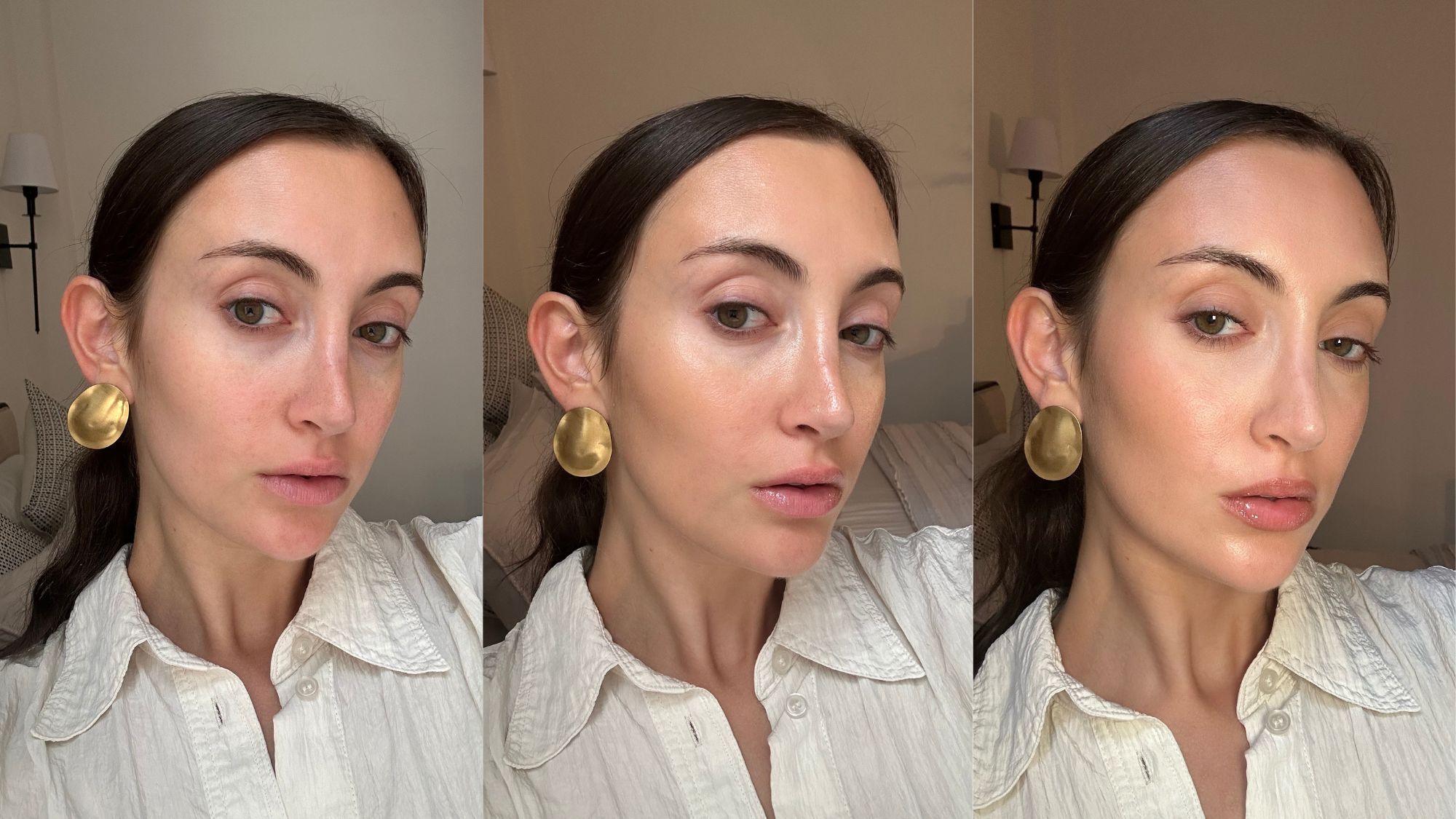 Alyssa Brascia before, during, and after using the E.l.f. Cosmetics Halo Glow Skin Tint.