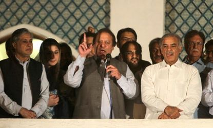 Former Prime Minister Nawaz Sharif addresses his supporters in Lahore, May 11.