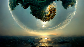 An AI generated image of a fractal above the ocean