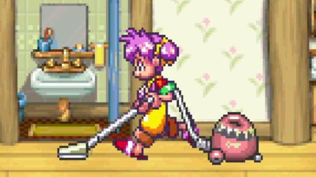 The title character vacuums the floor in Milano's Odd Job Collection