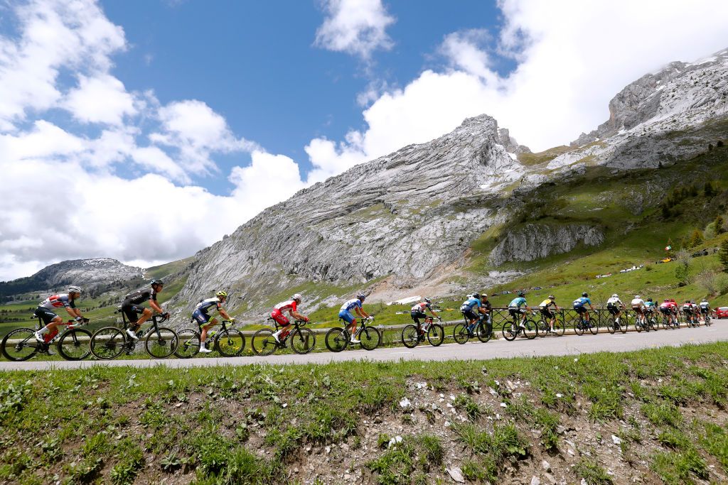 LES GETS FRANCE JUNE 06 Harry Sweeny of Australia and Team Lotto Soudal Franck Bonnamour of France and Team BB Hotels PB KTM Imanol Erviti of Spain and Movistar Team Dorian Godon of France and AG2R Citren Team Jonas Vingegaard Rasmussen of Denmark and Team Jumbo Visma Patrick Konrad of Austria and Team Bora Hansgrohe Warren Barguil of France and Team Arka Samsic Sander Armee of Belgium and Team Qhubeka Assos Julien Bernard of France and Team Trek Segafredo Mark Padun of Ukraine and Team Bahrain Victorious Jorge Arcas Pea of Spain and Movistar Team Nils Politt of Germany and Team Bora Hansgrohe in the Breakaway passing through Col des Aravis 1498m during the 73rd Critrium du Dauphin 2021 Stage 8 a 147km stage from La LchreLesBains to Les Gets 1160m Peloton Landscape Mountains UCIworldtour Dauphin dauphine on June 06 2021 in Les Gets France Photo by Bas CzerwinskiGetty Images