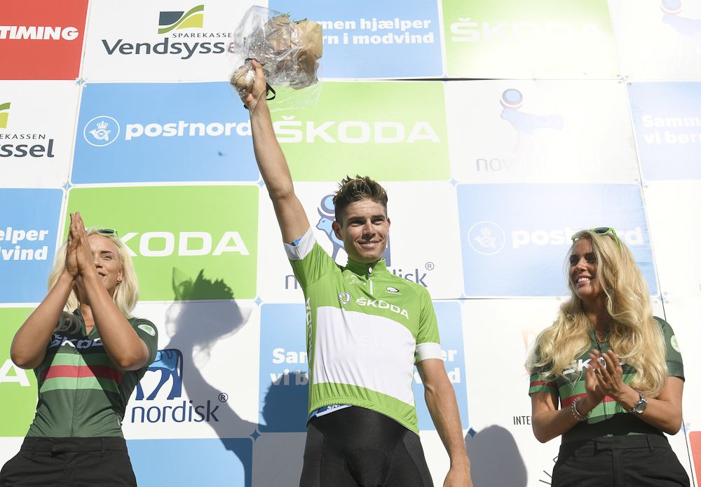 Wout Van Aert celebrates winning stage 2 at the Tour of Denmark