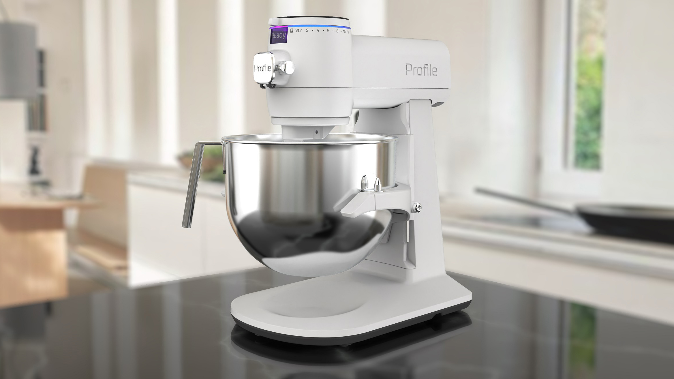 The GE Profile Stand Mixer on a kitchen counter