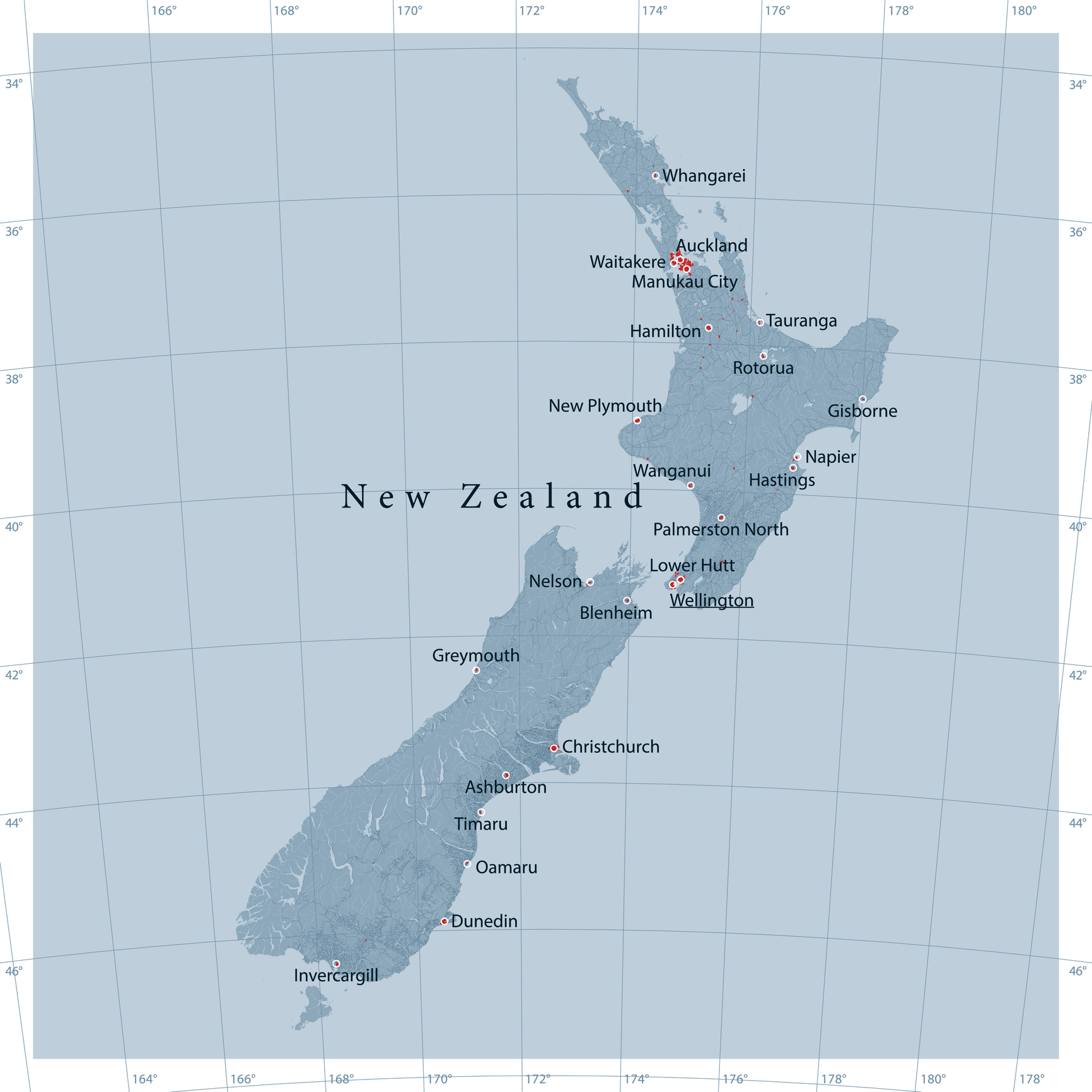 Detailed vector map of New Zealand, including main cities, roads, rivers and lakes.
