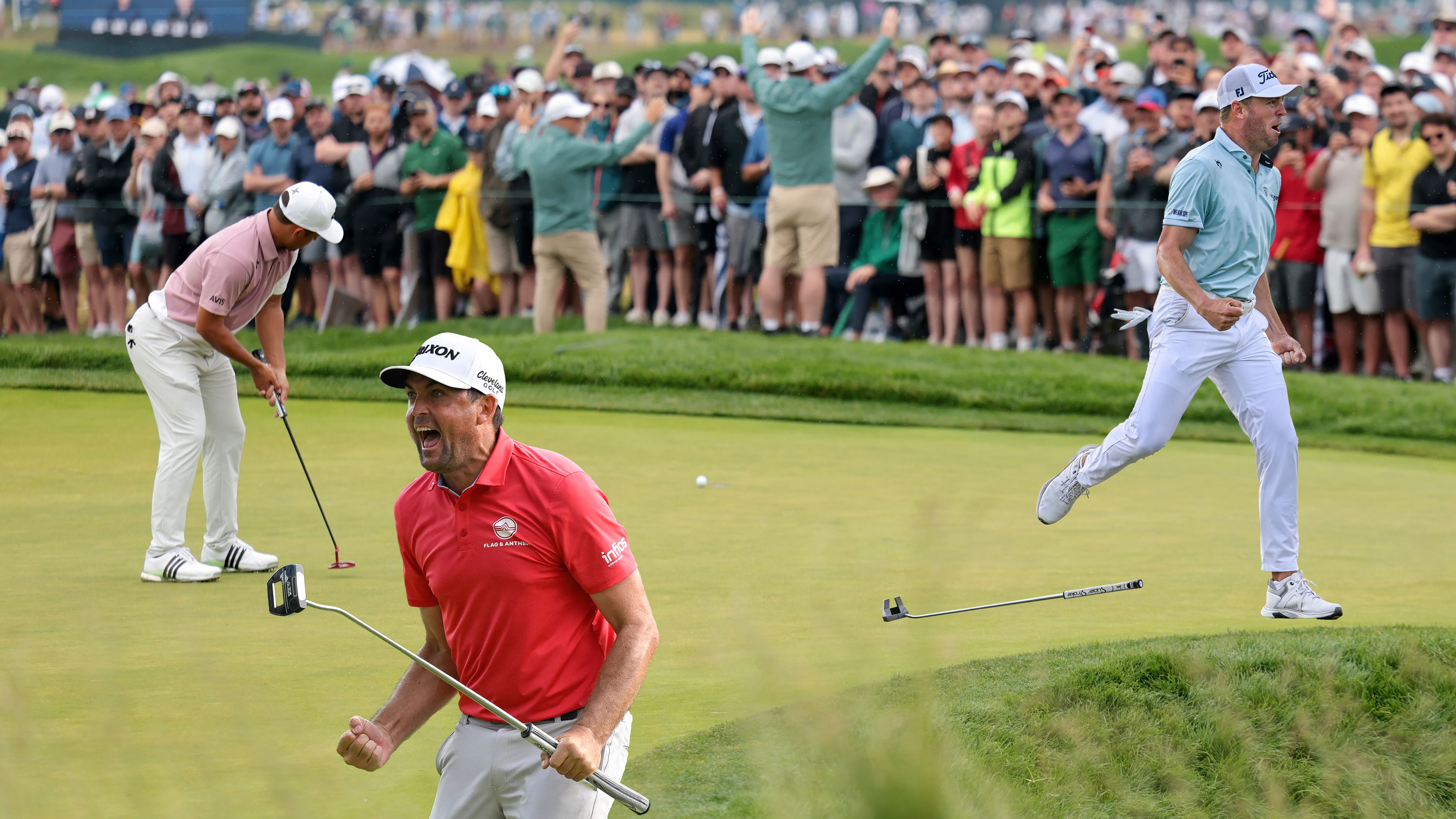 Justin Thomas and Keegan Bradley emotively celebrating a 1-putt birdie that won them the RBC Heritage and Travelers Championship respectively, in 2025, with an inset image of Xander Schauffele hitting a putt at the US Open