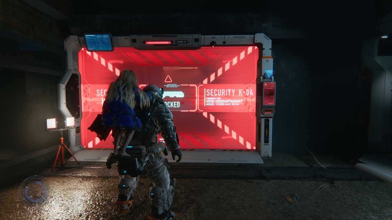 Pragmata Red Zone Gate Keys: A player looking at a Red Zone barrier in the Shopping District.