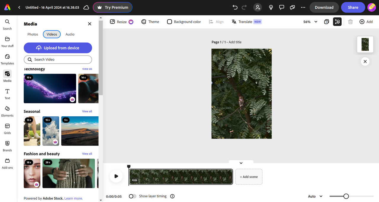 Screenshot from Adobe Express, one of the best free video editing software options