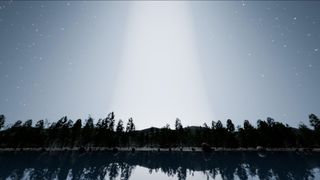 a bright beam of light obscures stars in a night sky above a silhouette of a tree line by a lake
