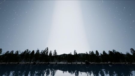 a bright beam of light obscures stars in a night sky above a silhouette of a tree line by a lake