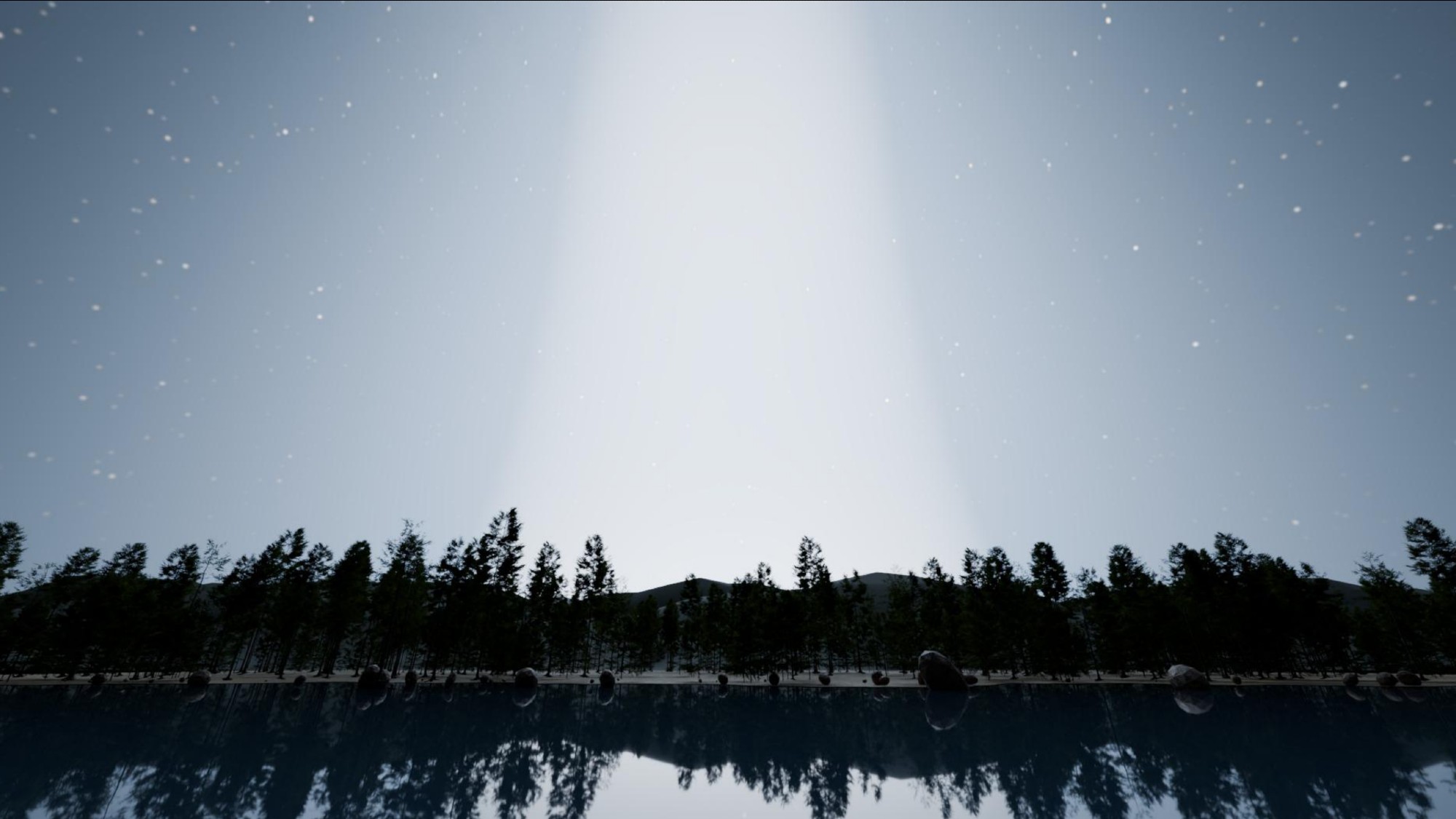 a bright beam of light obscures stars in a night sky above a silhouette of a tree line by a lake