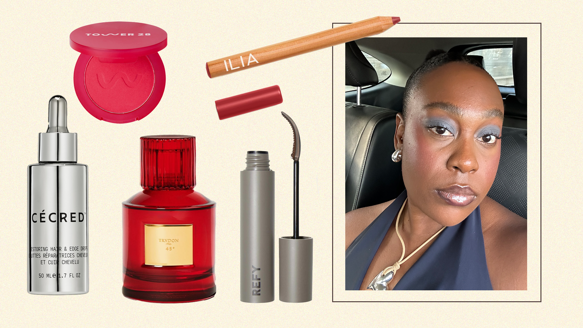 Collage of beauty products and editor Aniyah Morinia