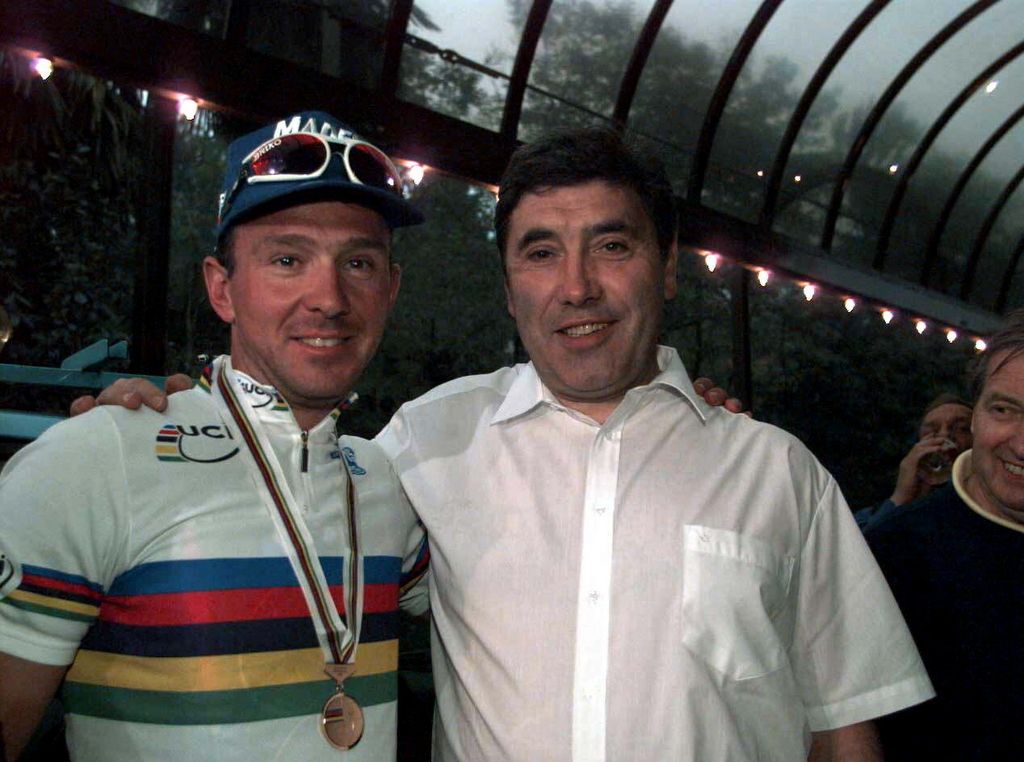 1996 Worlds winner Johan Museeuw with three-time rainbow jersey winner Eddy Merckx