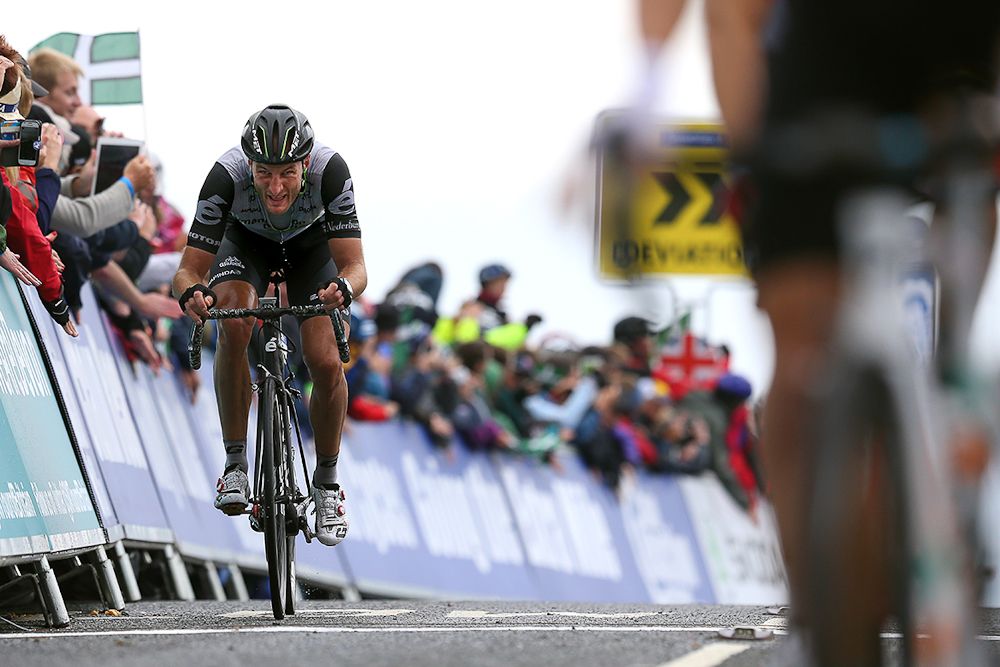 Steve Cummings crosses the finish line of stage 6 at the Tour of Britain