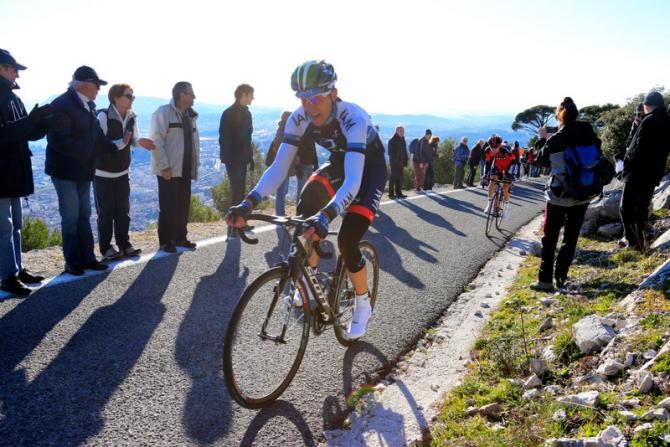 Thomas Lovkvist (IAM Cycling) digs deep up the final climb of Mount Faron