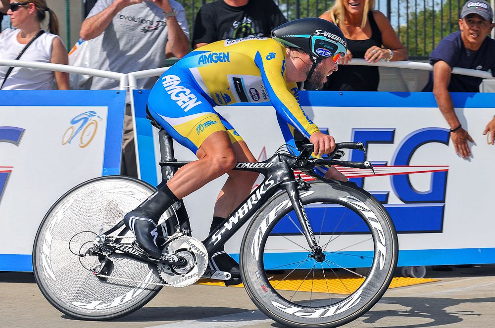 After taking the race lead in early sprints, Mark Cavendish wore yellow into the 2014 Folsom Time Trial.