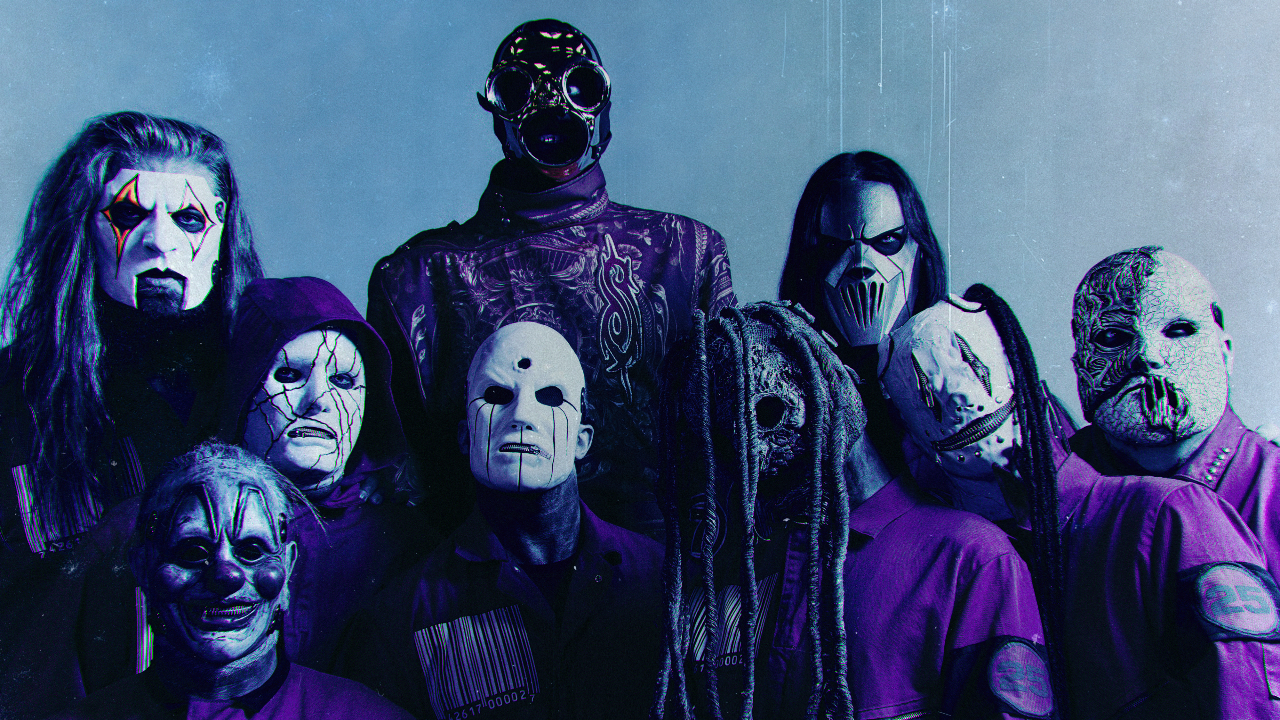 Slipknot posing against a blue background
