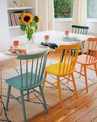 Colorful chairs around a dining table