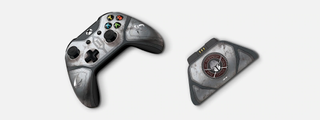 Product render of a gray xbox controller with a charging stand, themed after Mandalorian armor