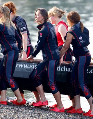 Kate Middleton takes part in a training session with The Sisterhood cross channel rowing team on the River Thames on August 01, 2007 in London, England. The team are taking part in a cross-channel dragon boat race later this month.