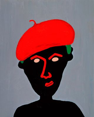 Human-like Portrait sketch in black with red eyebrows, nose and lips with white eyes and a red french beret. Drawn against a grey background