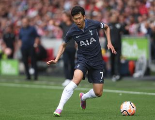 Tottenham Hotspur's Son Heung-Min during the Premier League match between Brentford FC and Tottenham Hotspur at Gtech Community Stadium on August 13, 2023 in Brentford, England.