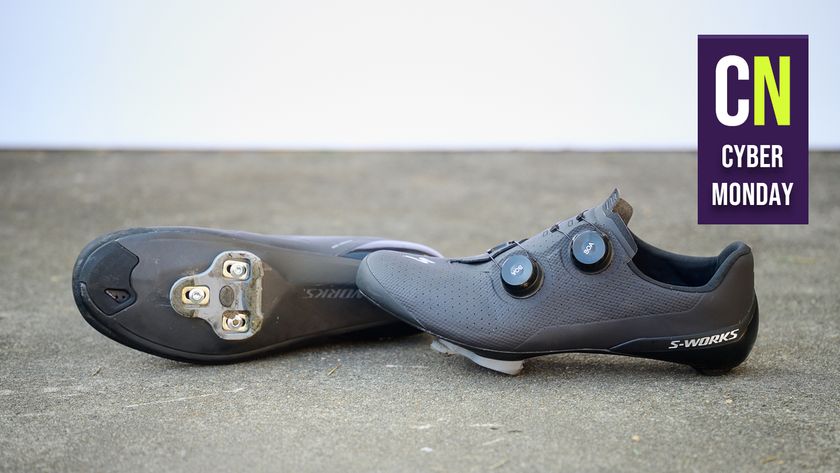 A pair of S-Works shoes overlaid with a cybe monday badge