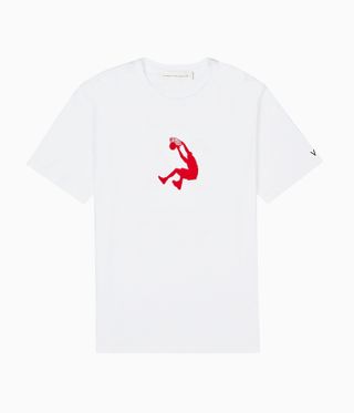 White t shirt with red mage of basketball player shooting the ball