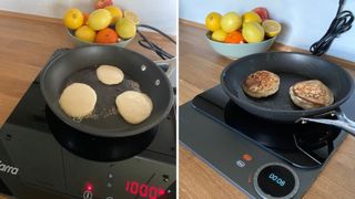 Two different induction hobs with frying pans making pancakes on each