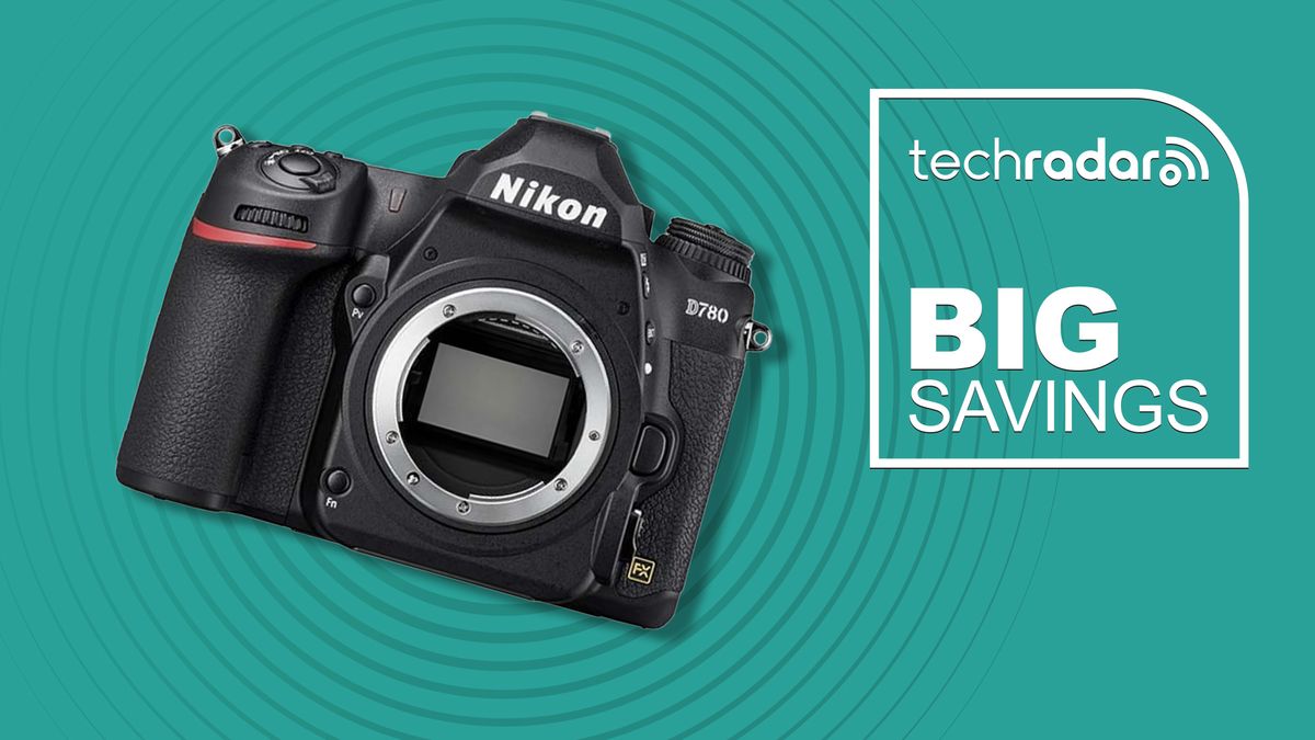 Nikon D780 camera on a cyan background with TechRadar big savings text overlay