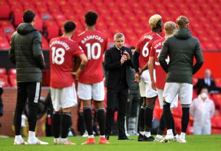 Manchester United manager Ole Gunnar Solskjaer speaks to the fans