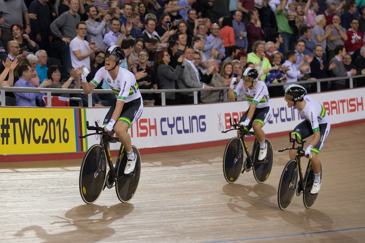 Australia celebrates after topping Great Britain in the men's team pursuit
