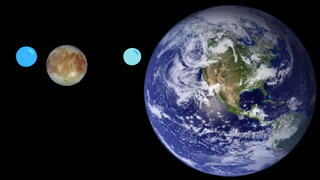 Europa with an illustrated blob showing its water content next to Earth with a similar blob illustrating its water content. Europa is way smaller than Earth, but the blobs are basically the same size. Europa's is a tad bigger, in fact.