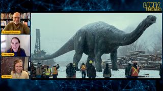Three panelists on the left side of the screen talk about a long-necked dreadnoughtus dinosaur from the movie "Jurassic World: Dominion"