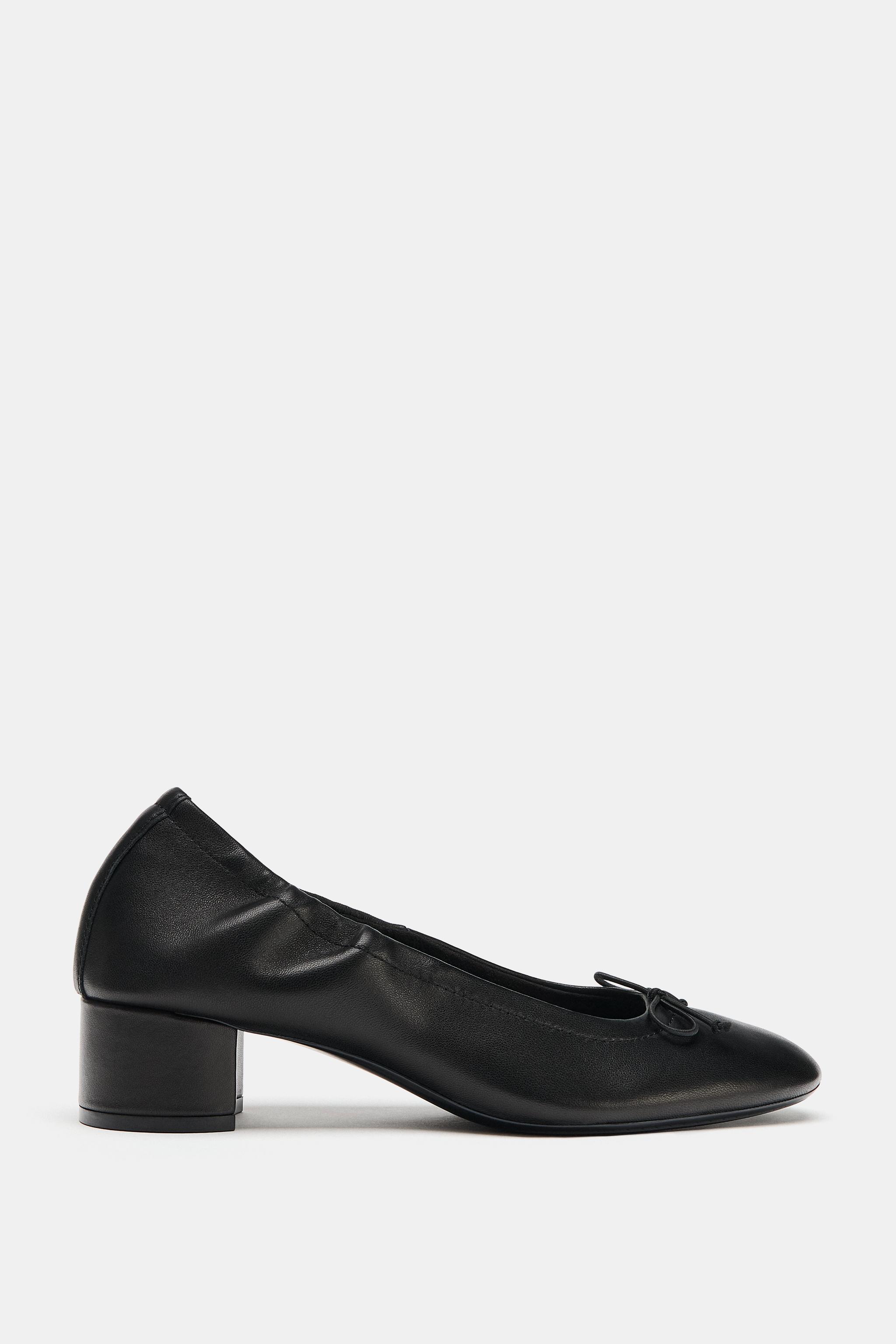 Leather Heeled Ballet Flats - Black - 5