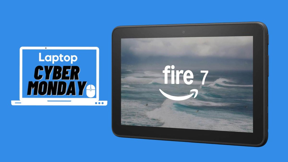 Amazon Fire 7 tablet against a blue background