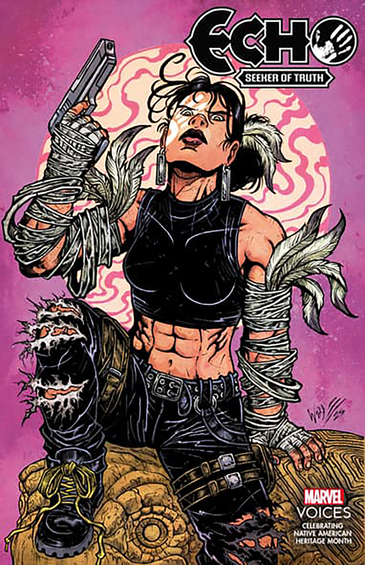 Echo brandishing a gun on Maria Wolf's cover of Echo: Seeker of Truth #1