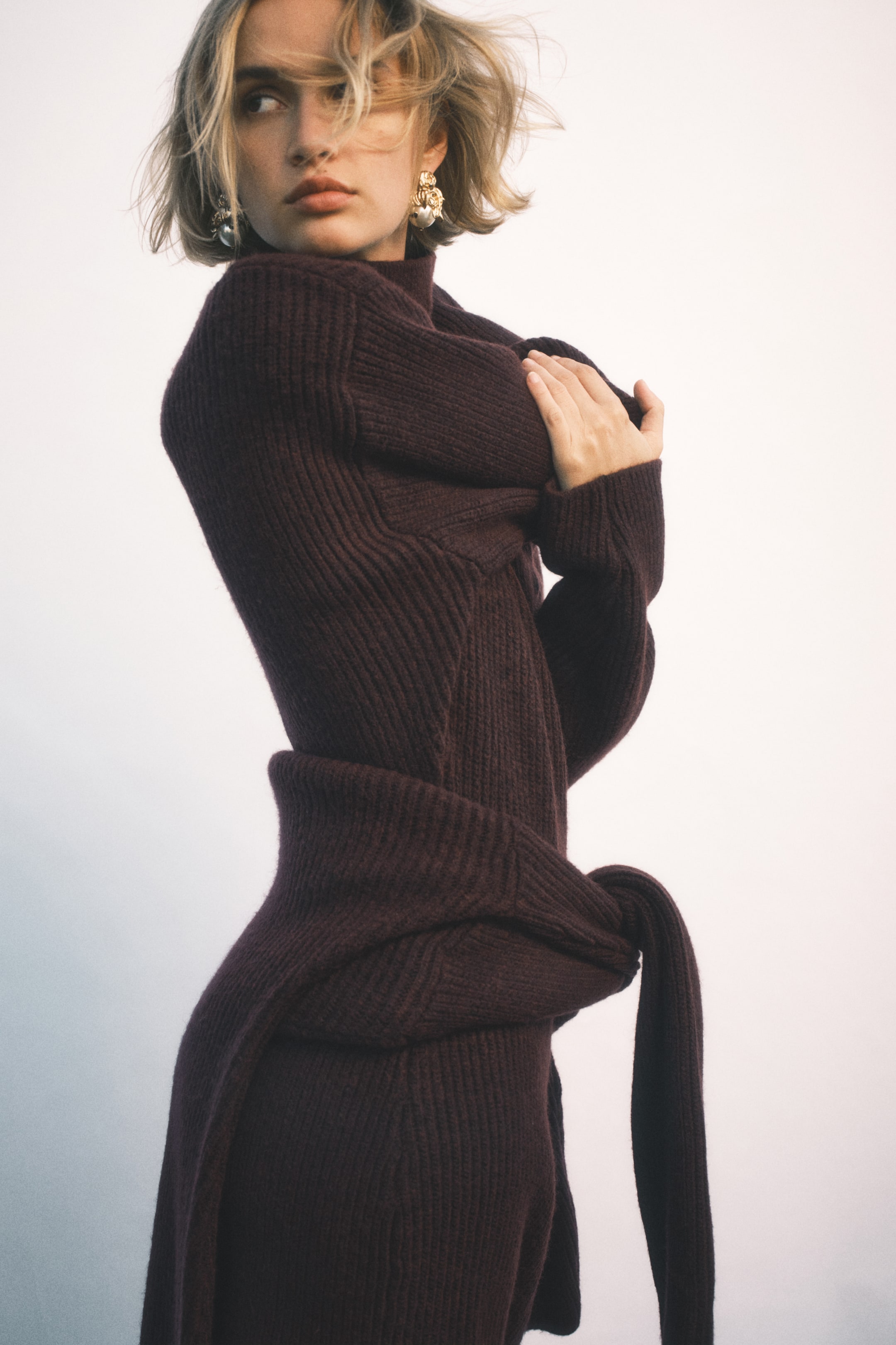 Rib-Knit Shoulder-Pad Dress - Burgundy