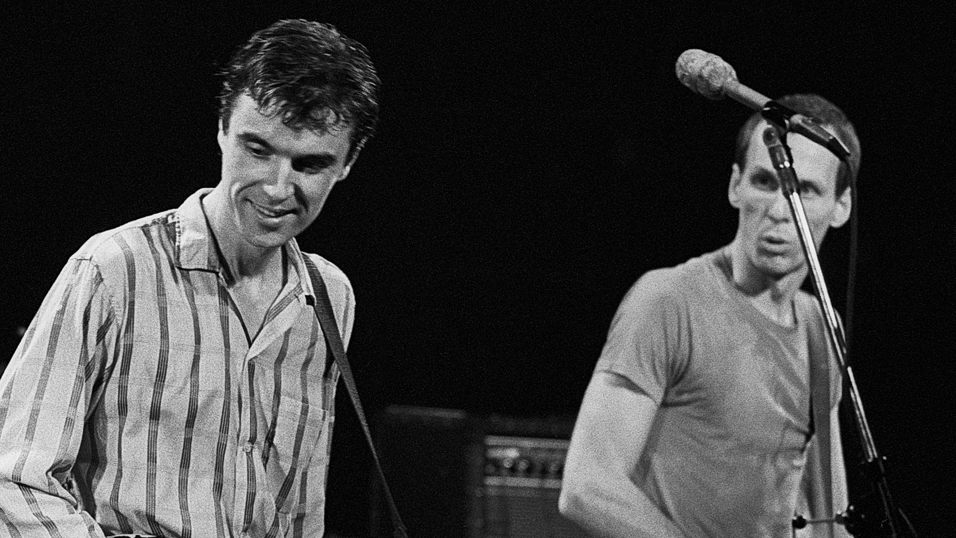 David Byrne and Adrian Belew of Talking Heads perform at Agora Ballroom in Atlanta Georgia. November 18, 1980