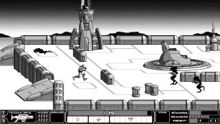 Screenshot of marines shooting aliens in black and white shooter Rogue Invader.