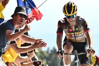 JumboVisma teams Slovenian rider Primoz Roglic cycles to the finish line of the 7th stage of the 109th edition of the Tour de France cycling race 1763 km between Tomblaine and La Super Planche des Belles Filles in eastern France on July 8 2022 Photo by Marco BERTORELLO AFP Photo by MARCO BERTORELLOAFP via Getty Images