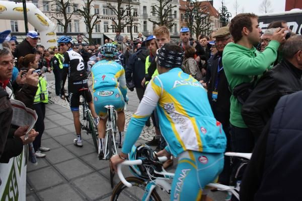 The Astana team ride to the start.