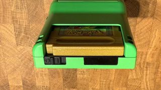 Cartridge slot of Modretro Chromatic with Pokemon Gold