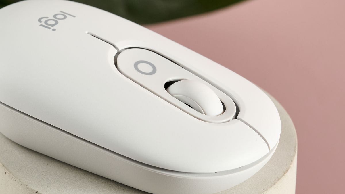Close-up of Logitech POP on plinth with pink background