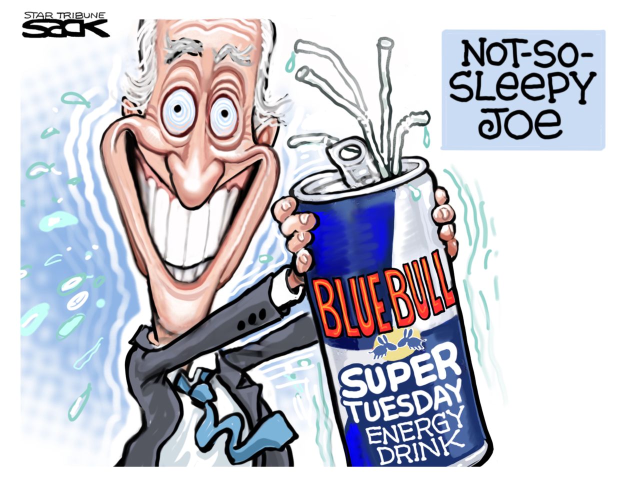 Political Cartoon U.S. Joe Biden Democrats Red Bull super tuesday primaries campaigning surge