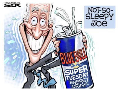Political Cartoon U.S. Joe Biden Democrats Red Bull super tuesday primaries campaigning surge